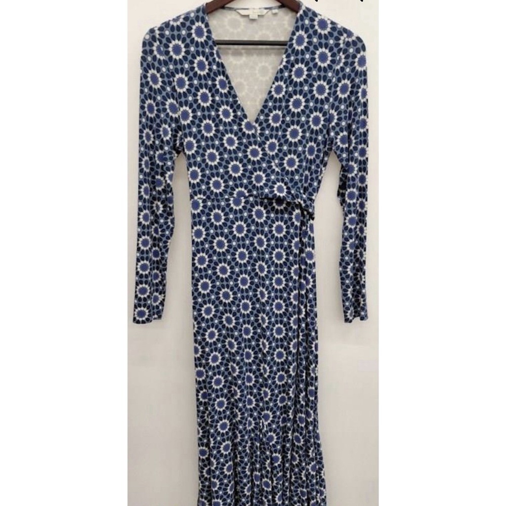 Boden Navy and White Long-Sleeve Wrap Maxi Dress